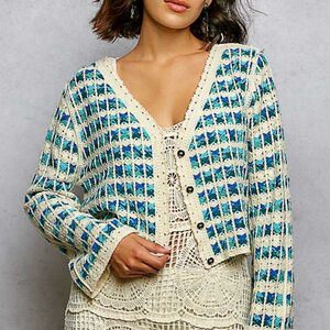POL Crochet Cardigan Blue Multi Boho Button Front Sweater OS